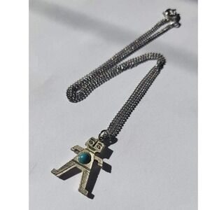 Unique Vintage Pendant Necklace Turquoise Chain Silver Tone Tribal southwest